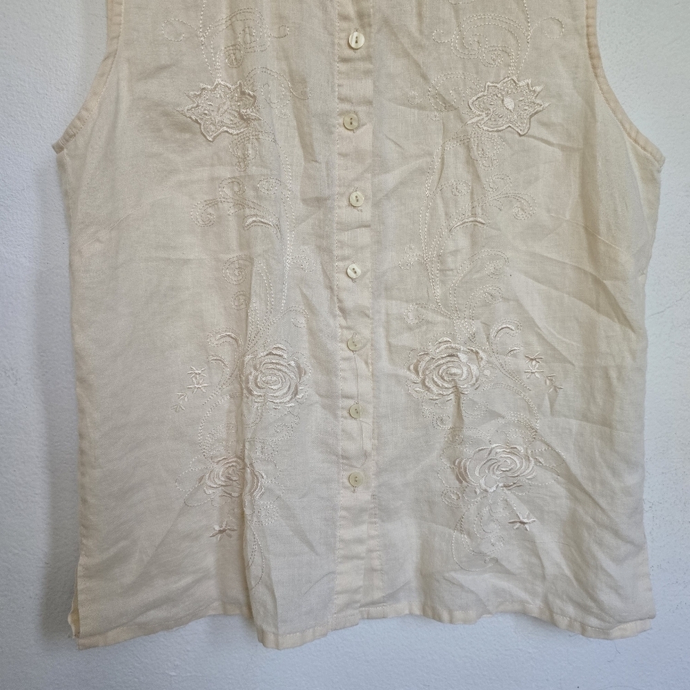 Once & Again 100% Linen Sleeveless Embroidered Button Down Cream Blouse XL - Picture 7 of 15